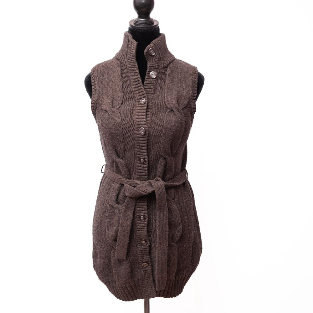 Y2K Willi Smith Brown Belted Long Sweater Vest Button Front Cozy Angora Blend M